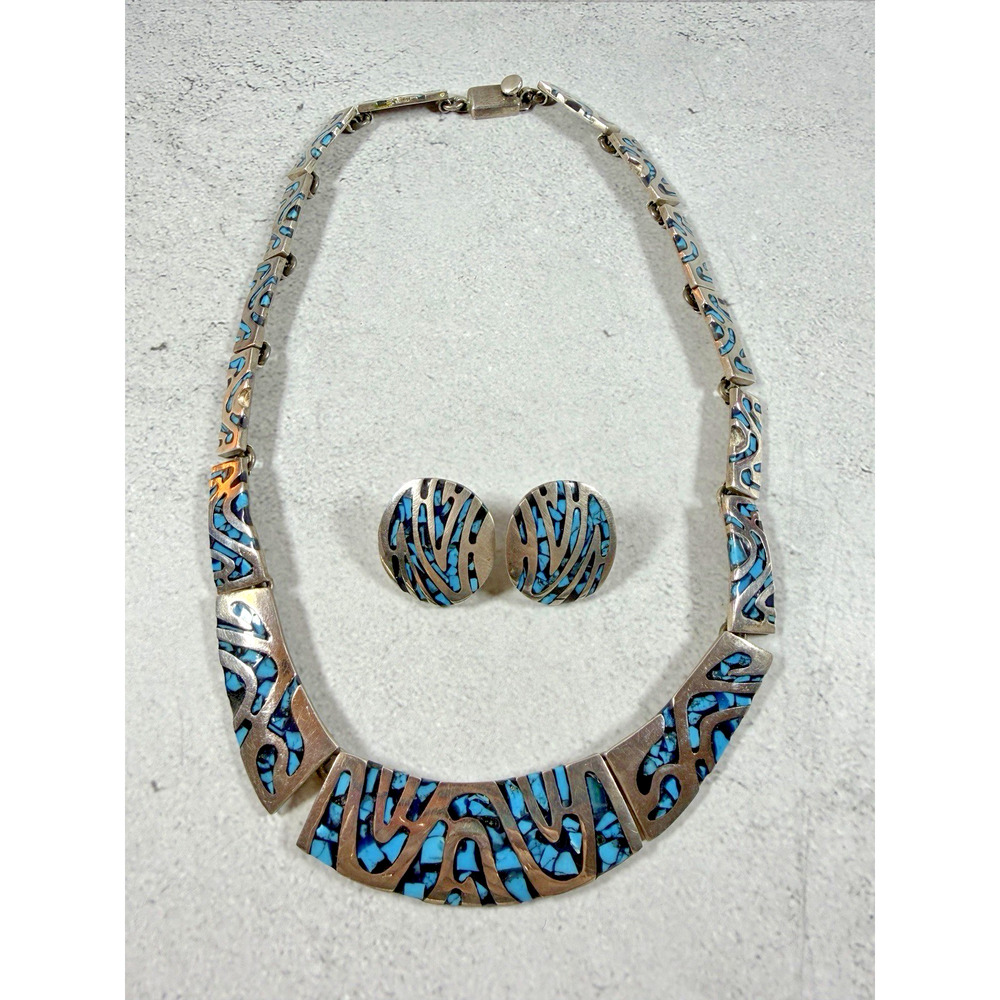Vintage Mexico Turquoise Inlay Necklace and Earrings - Picture 2 of 5